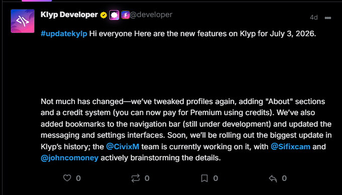 Klyp Developer update published on July 3