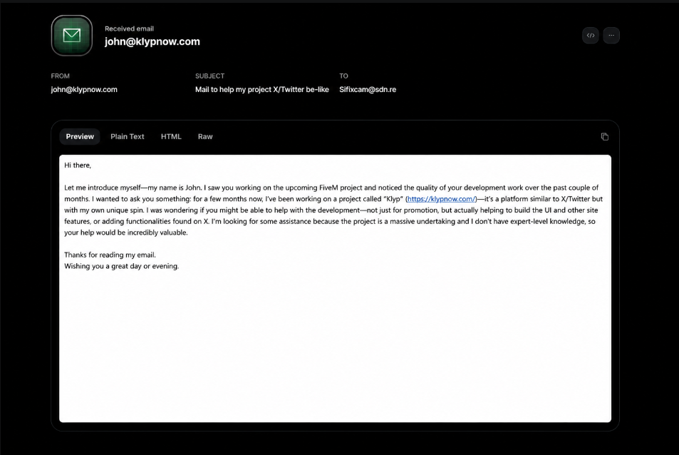 Email from John asking Sifixcam to help with Klyp